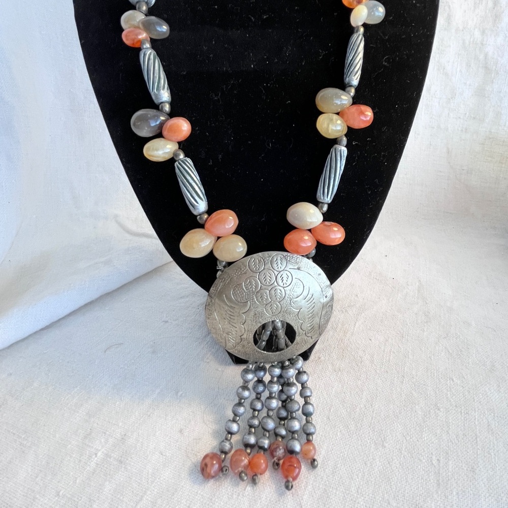 Bohemian Beaded Necklace with Silver Pendant